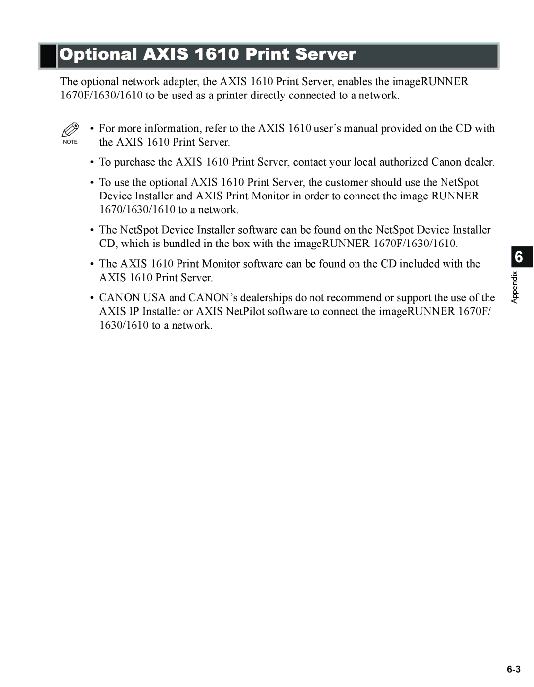 Canon 1670F manual Optional Axis 1610 Print Server 