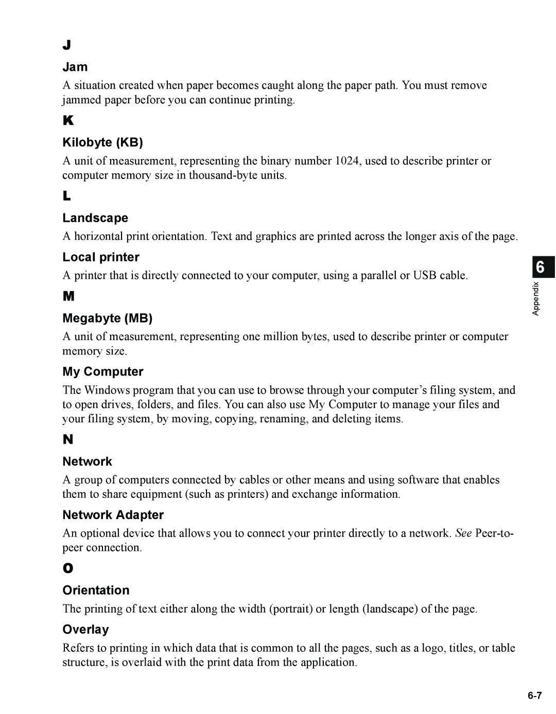 Canon 1670F manual Jam, Kilobyte KB, Landscape, Local printer, Megabyte MB, My Computer, Network Adapter, Orientation 