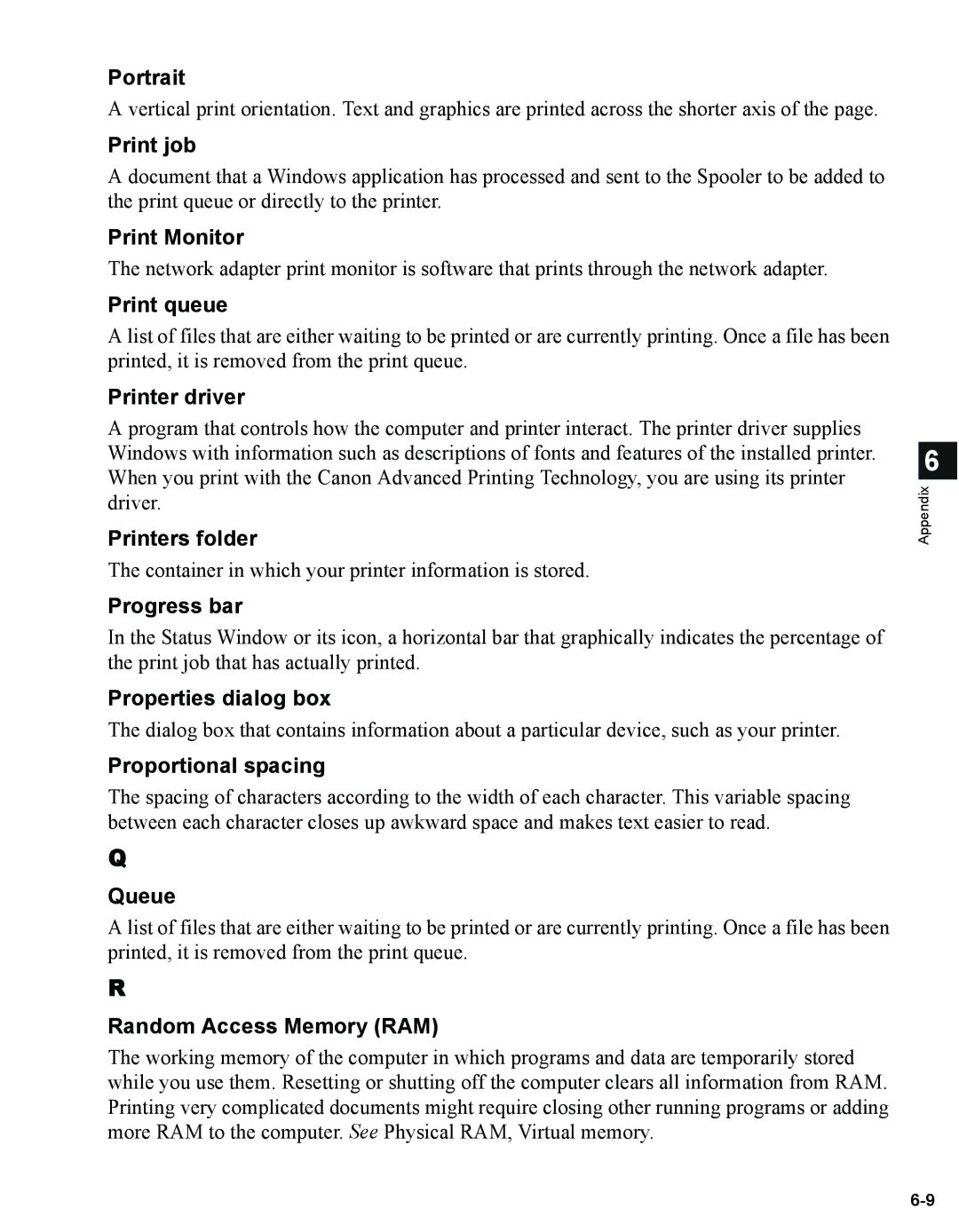 Canon 1670F manual Portrait, Print job, Print Monitor, Print queue, Printer driver, Printers folder, Progress bar, Queue 