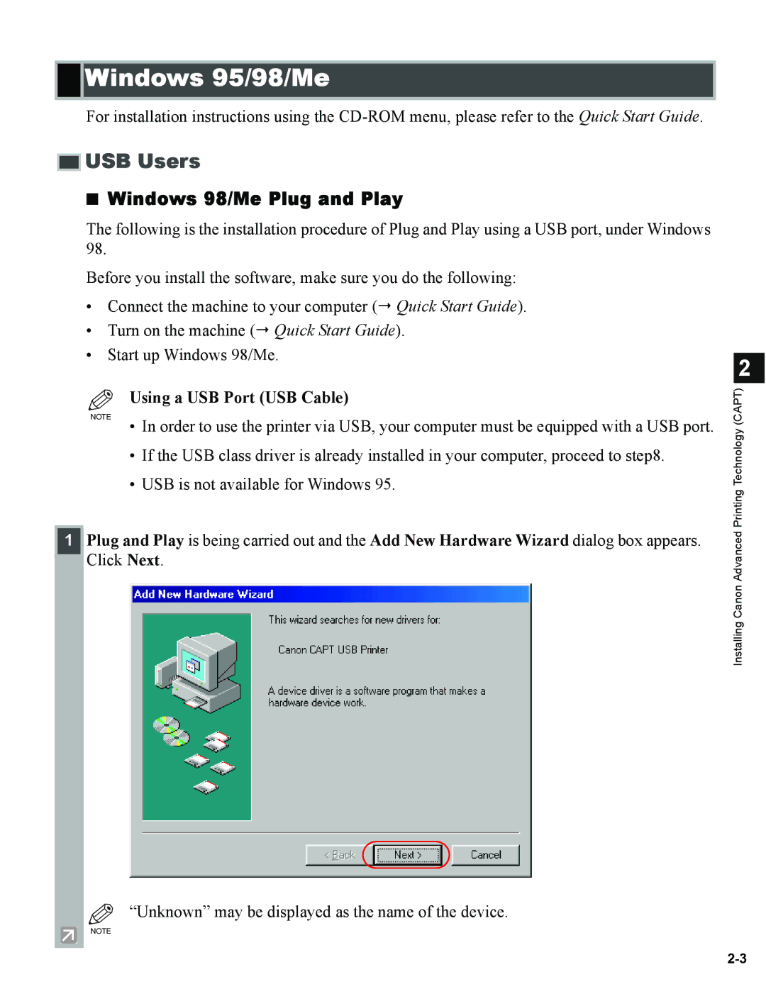 Canon 1670F manual Windows 95/98/Me, Windows 98/Me Plug and Play, Using a USB Port USB Cable 