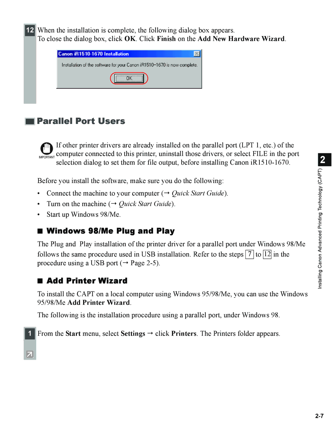 Canon 1670F manual Parallel Port Users, Add Printer Wizard 