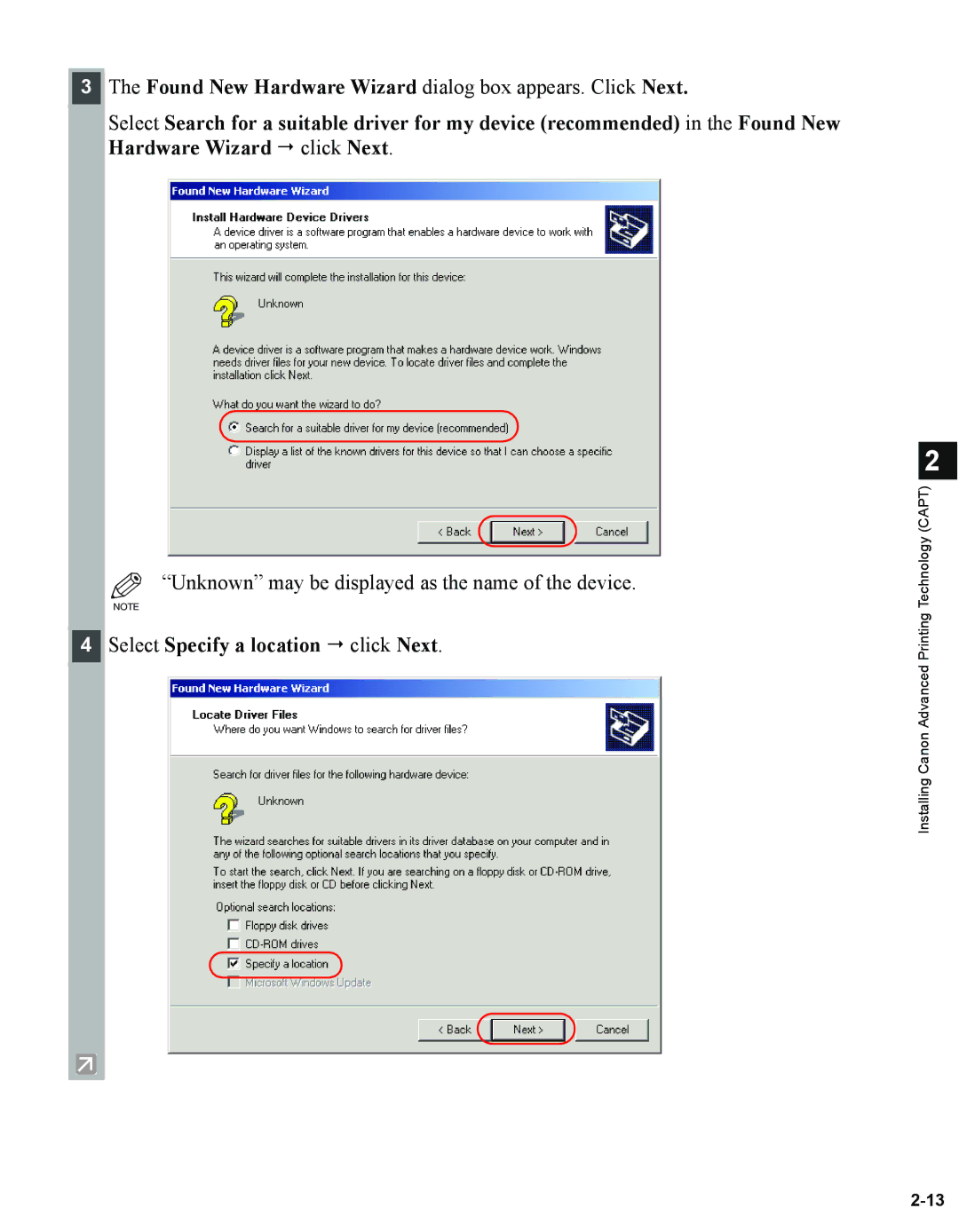 Canon 1670F manual Select Specify a location  click Next 