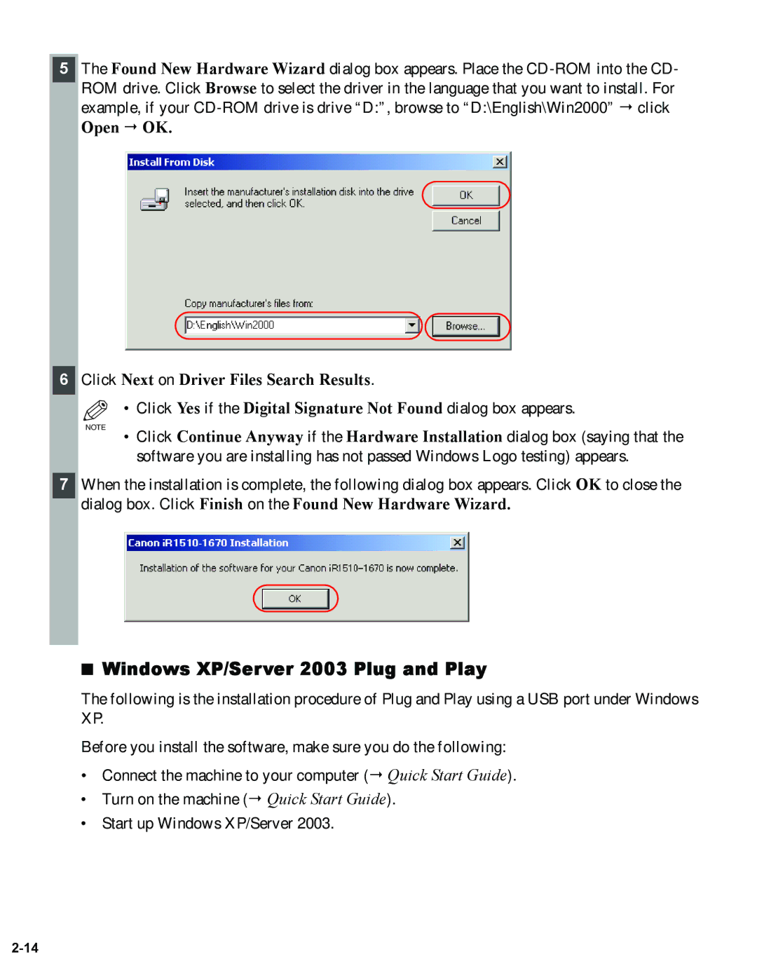 Canon 1670F manual Windows XP/Server 2003 Plug and Play, Click Next on Driver Files Search Results 