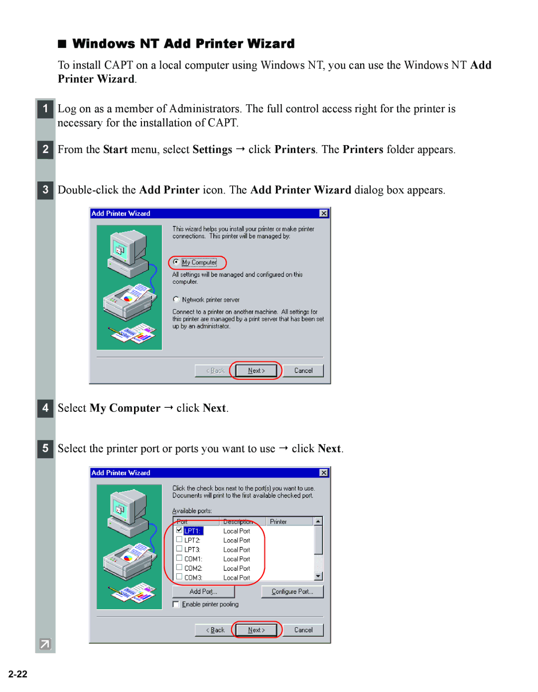 Canon 1670F manual Windows NT Add Printer Wizard, Select My Computer  click Next 