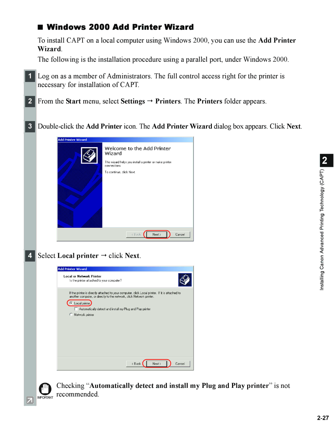 Canon 1670F manual Windows 2000 Add Printer Wizard, Select Local printer  click Next 