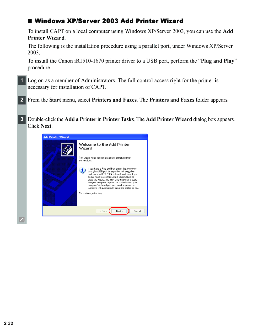 Canon 1670F manual Windows XP/Server 2003 Add Printer Wizard 