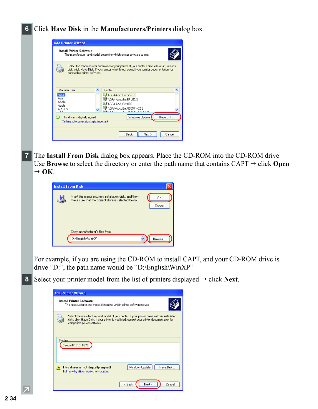 Canon 1670F manual Click Have Disk in the Manufacturers/Printers dialog box 