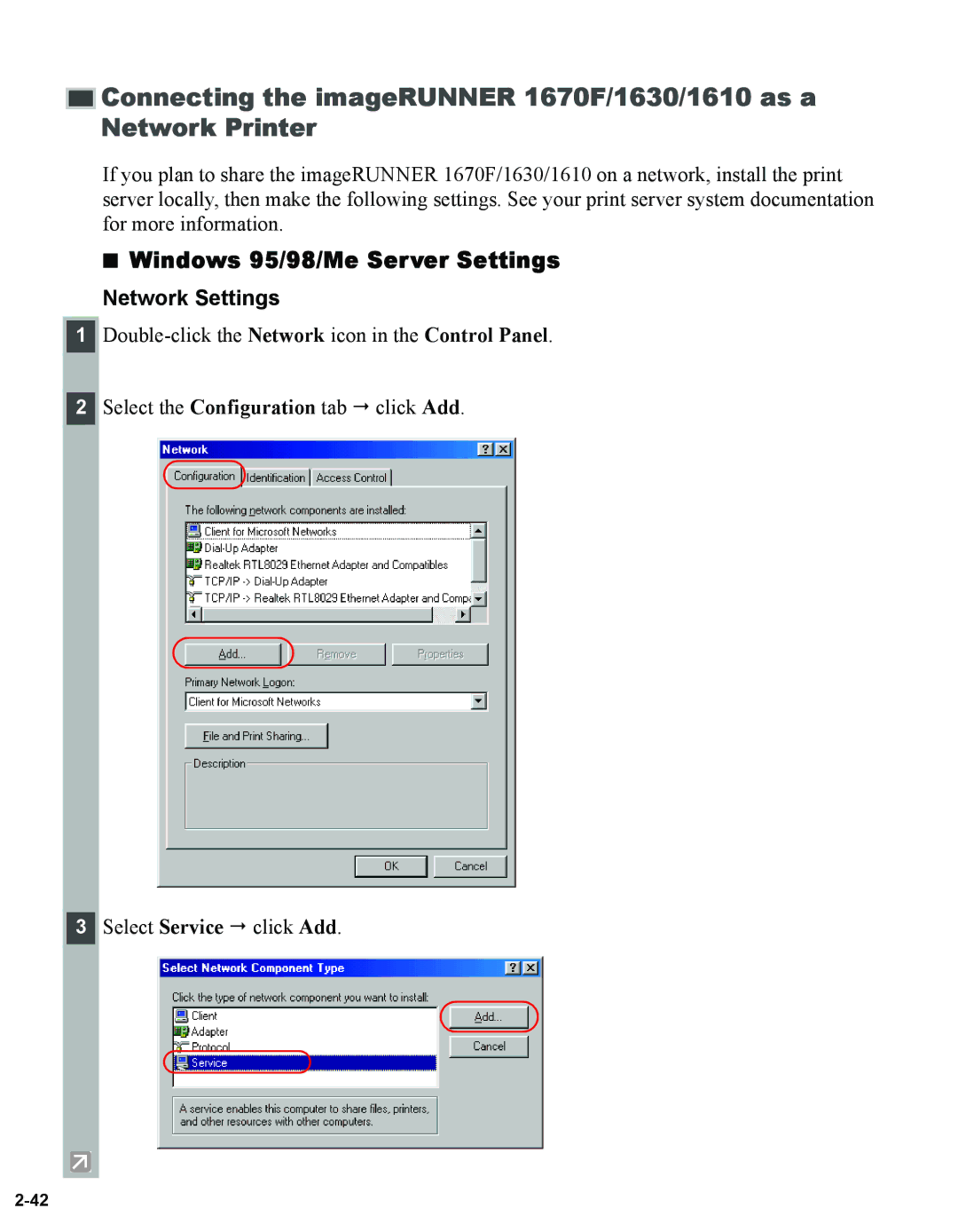 Canon 1670F manual Windows 95/98/Me Server Settings, Network Settings 