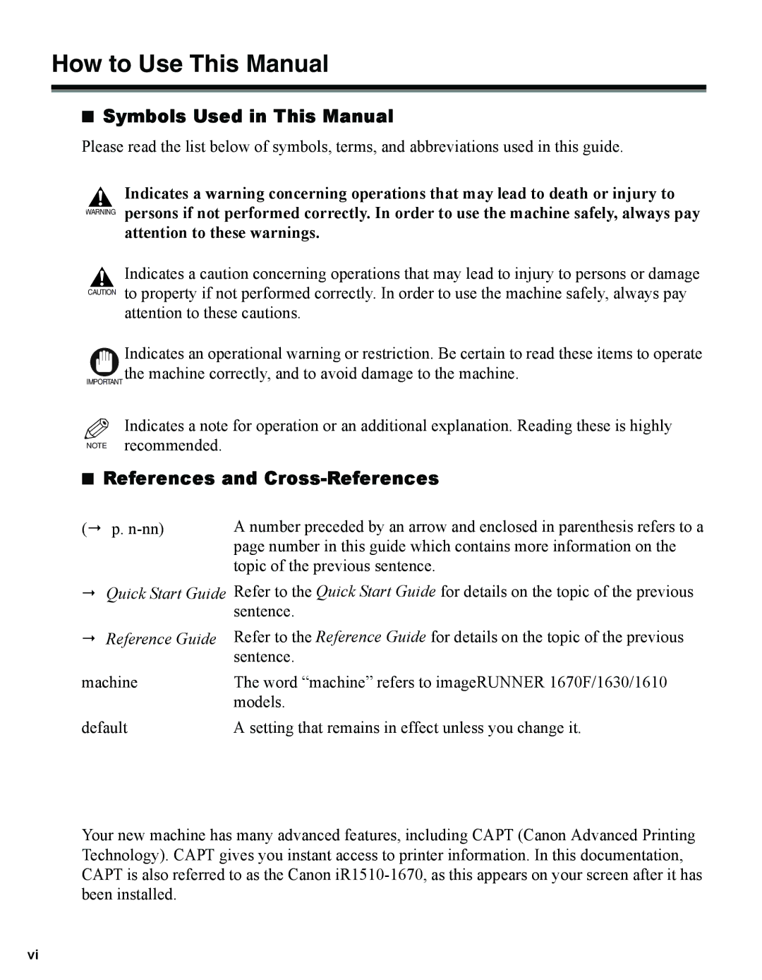 Canon 1670F manual Symbols Used in This Manual, References and Cross-References 