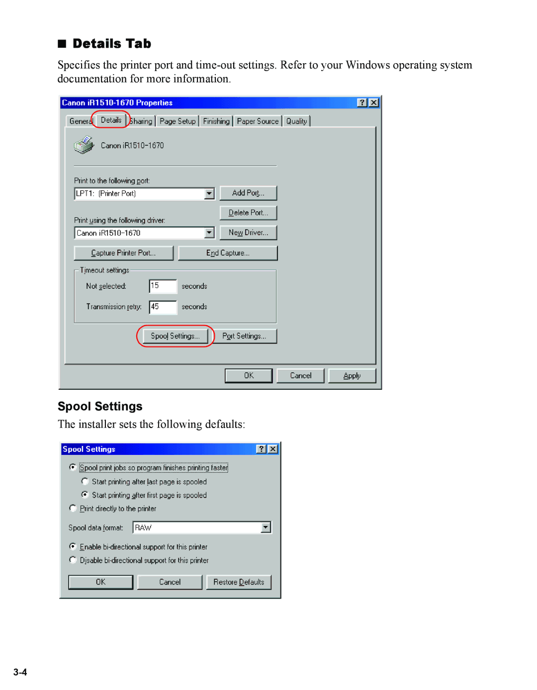 Canon 1670F manual Details Tab, Spool Settings 