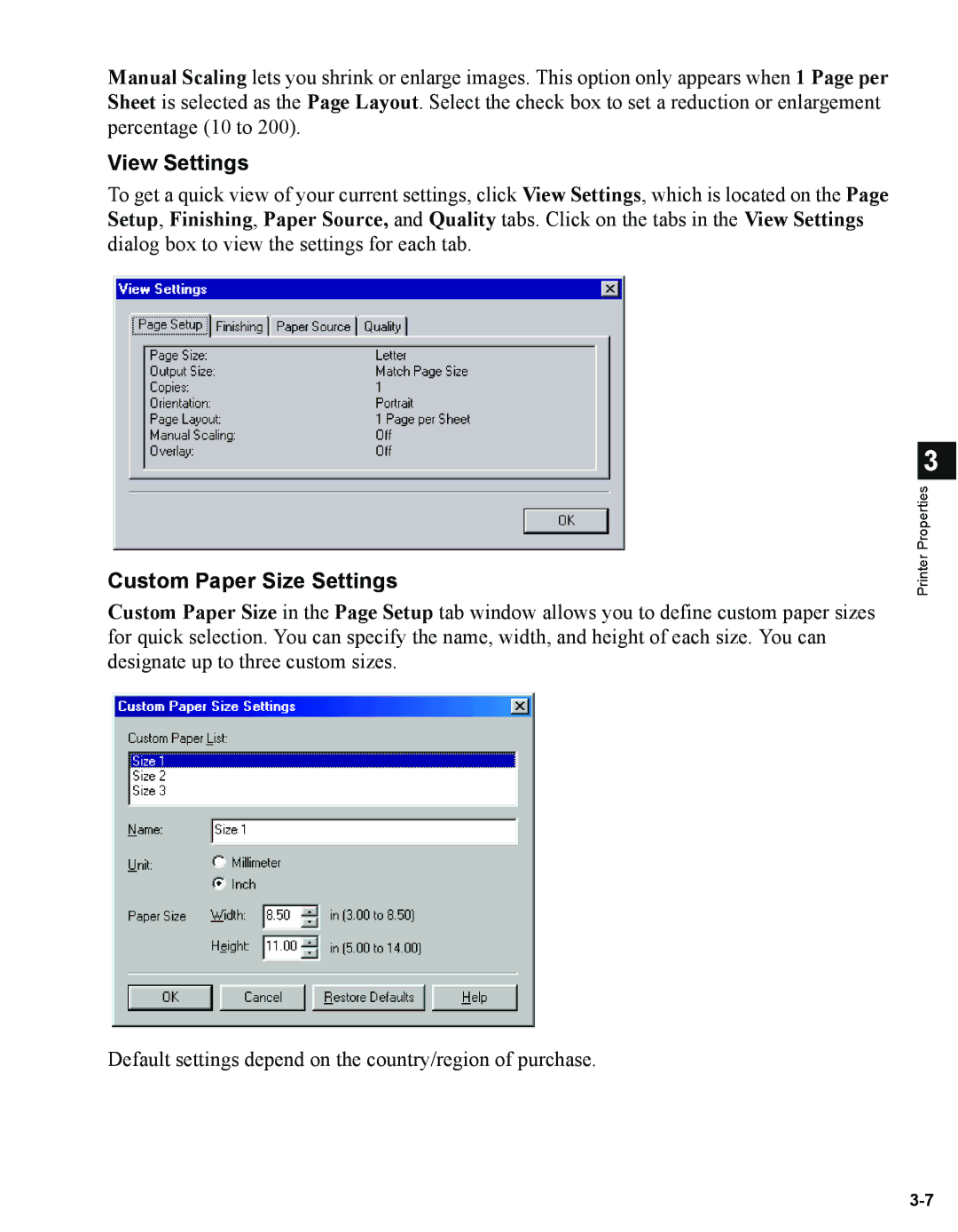 Canon 1670F manual View Settings, Custom Paper Size Settings 