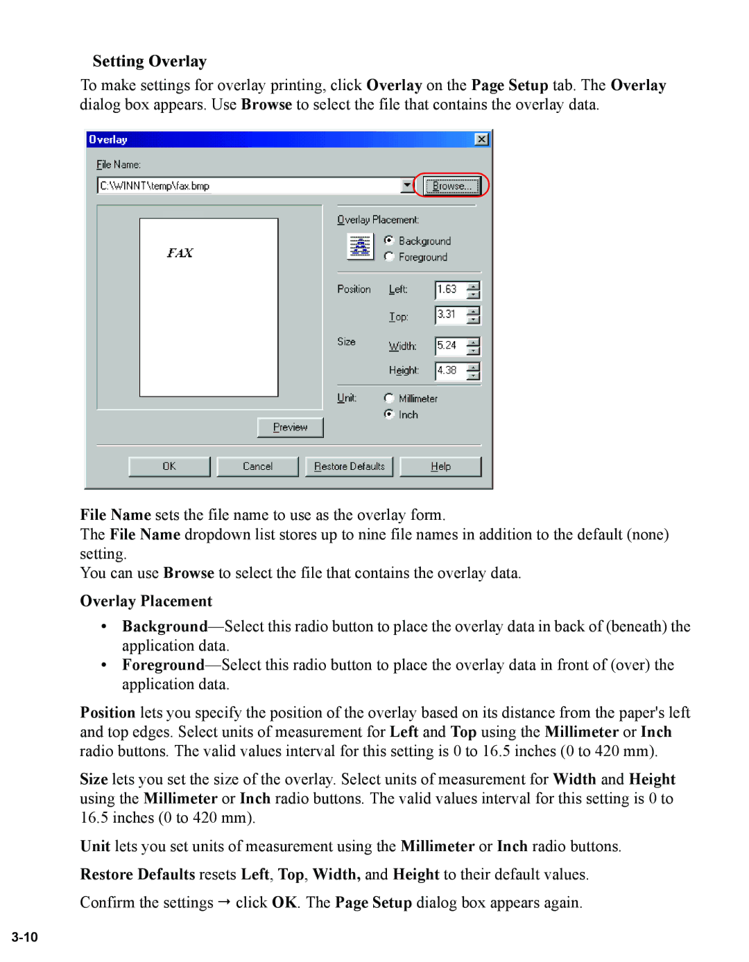 Canon 1670F manual Setting Overlay, Overlay Placement 