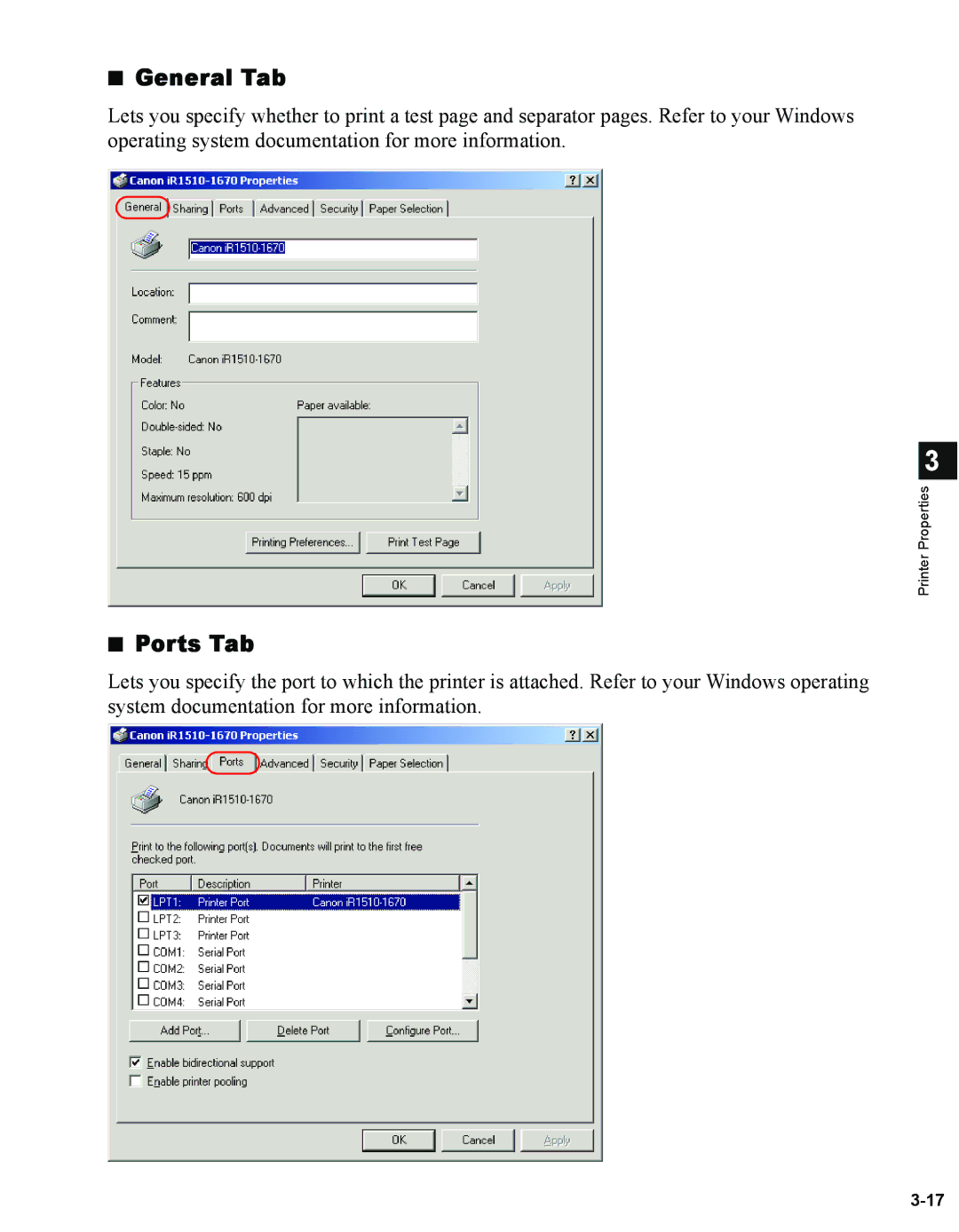 Canon 1670F manual General Tab, Ports Tab 