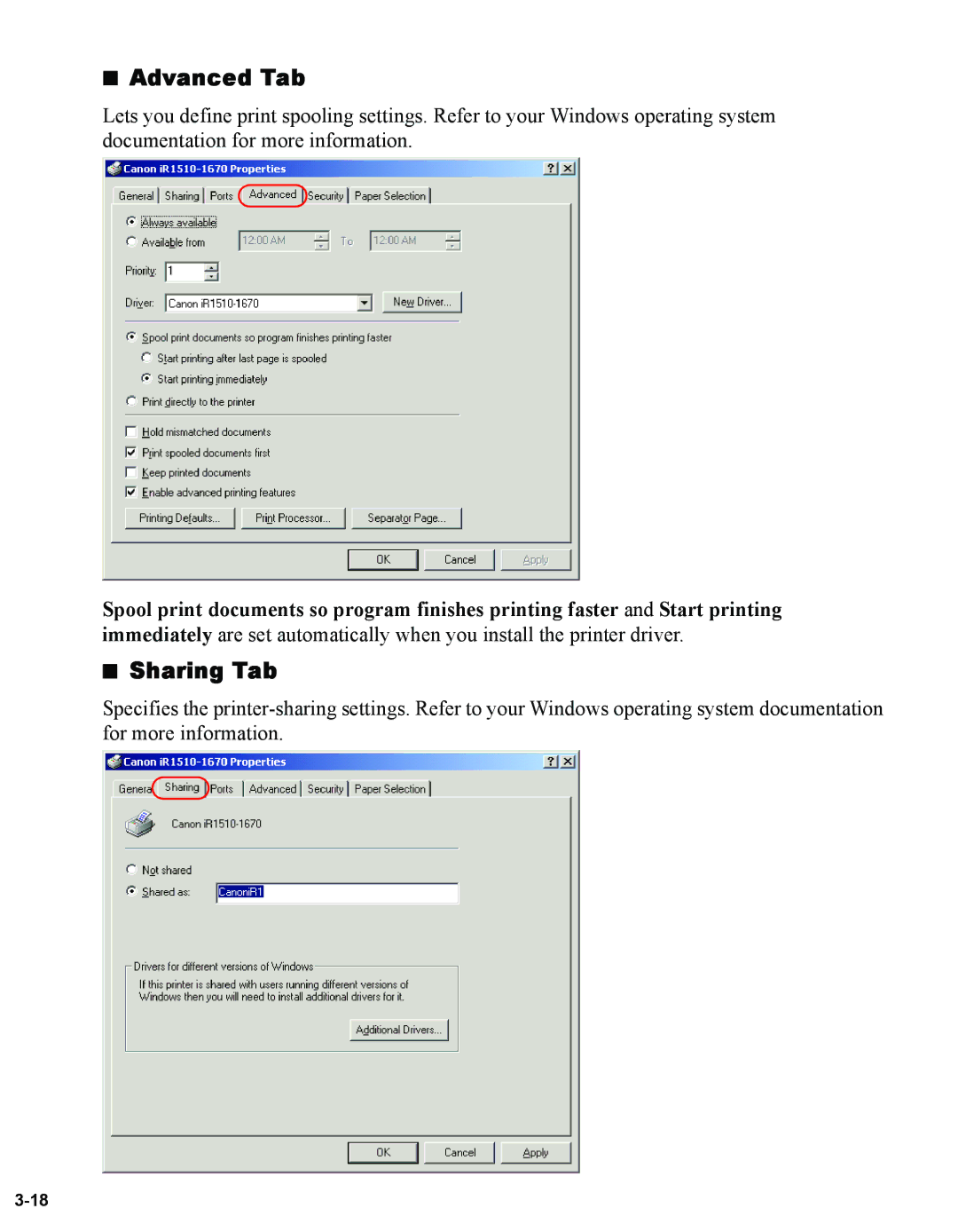 Canon 1670F manual Advanced Tab, Sharing Tab 