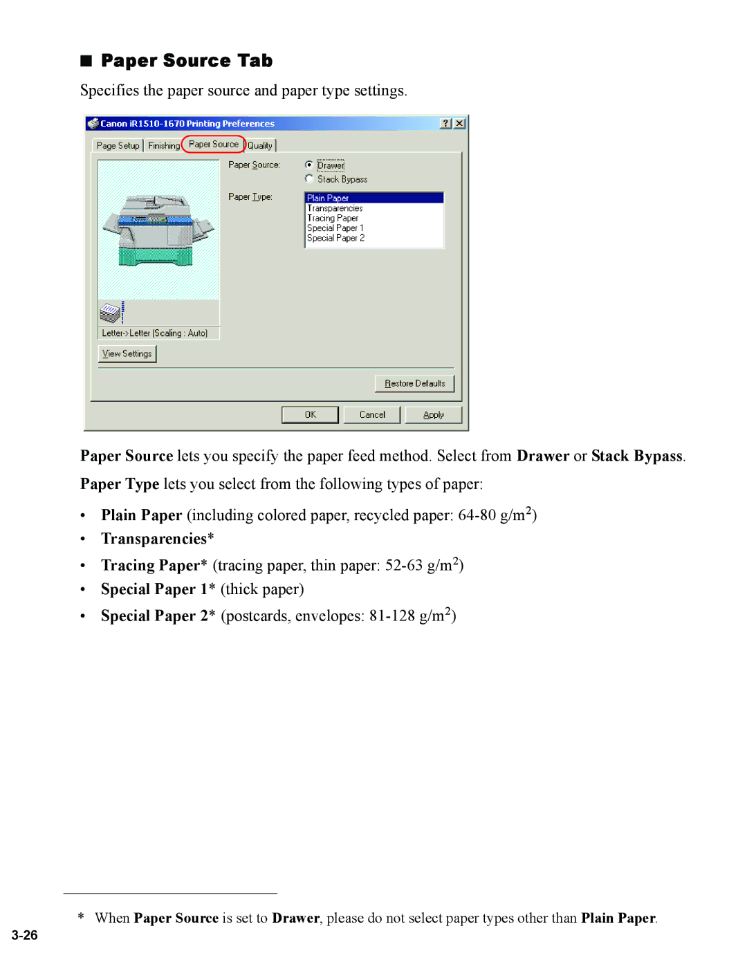 Canon 1670F manual Paper Source Tab, Transparencies 