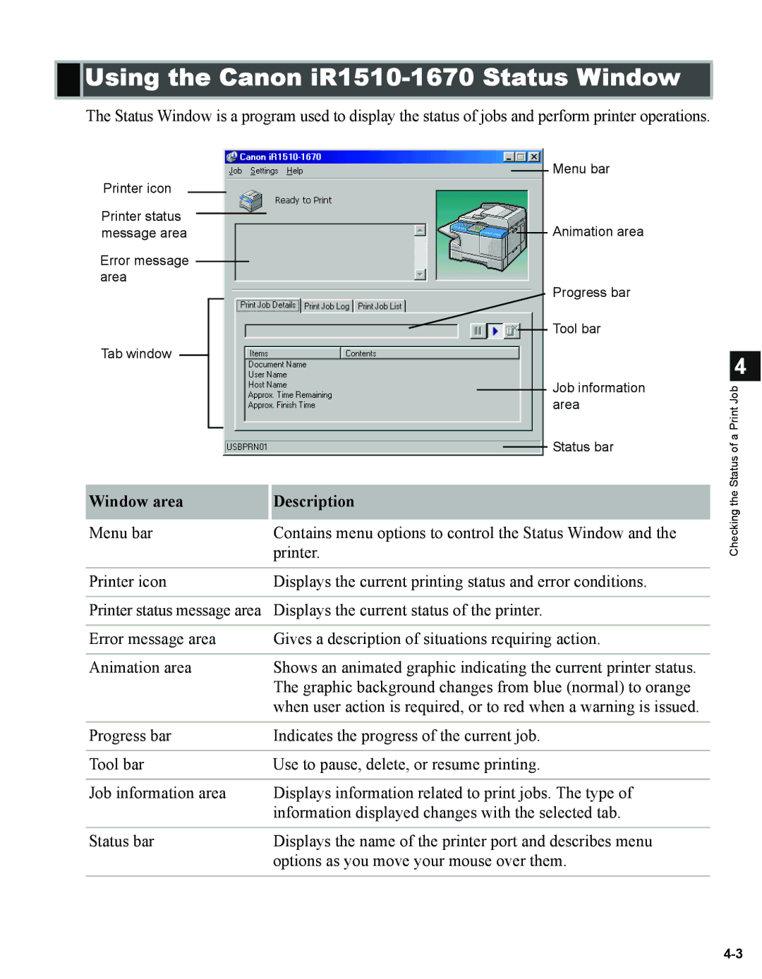 Canon 1670F manual Using the Canon iR1510-1670 Status Window, Window area Description 