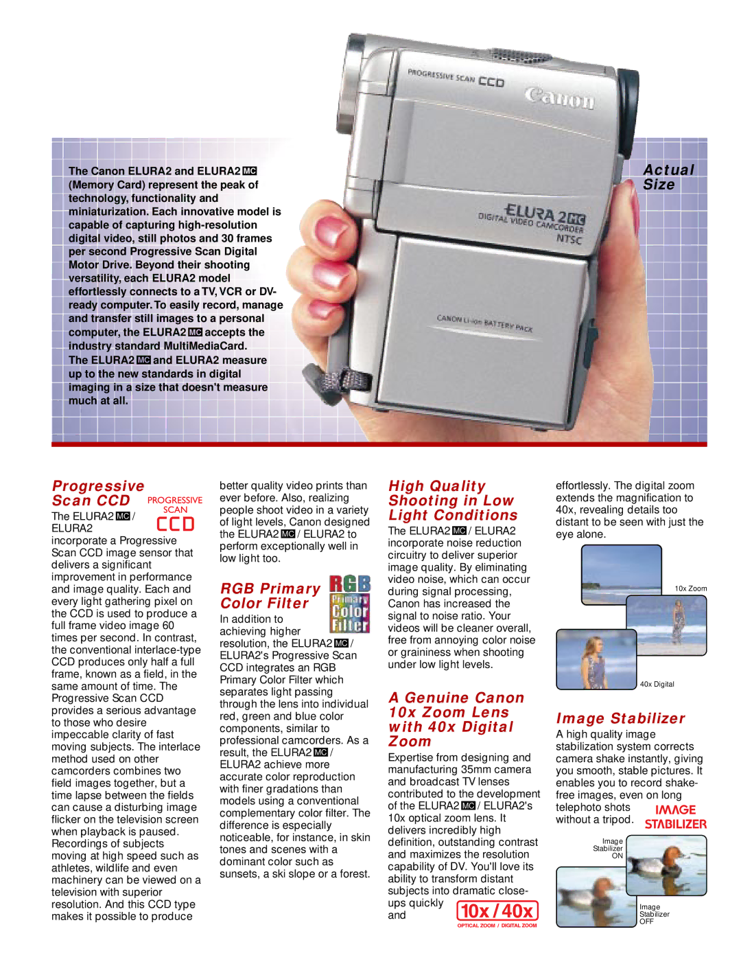 Canon 2 Progressive Scan CCD, RGB Primary Color Filter, High Quality Shooting in Low Light Conditions, Image Stabilizer 