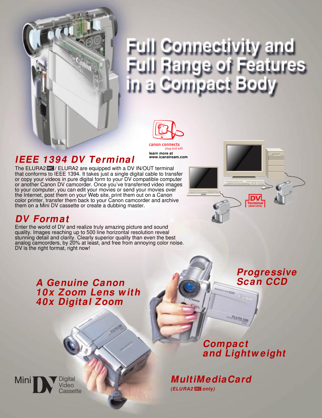 Canon 2MC manual IEEE 1394 DV Terminal, DV Format, A Genuine Canon 10x Zoom Lens with 40x Digital Zoom, ELURA2 MC only 