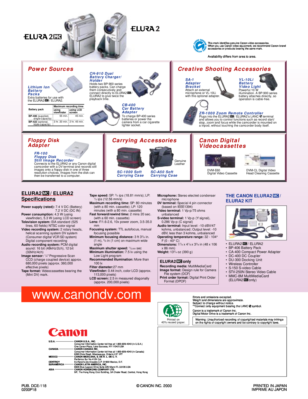 Canon ELURA2, Specifications, Power Sources, Creative Shooting Accessories, Carrying Accessories, Canon Digital, only 