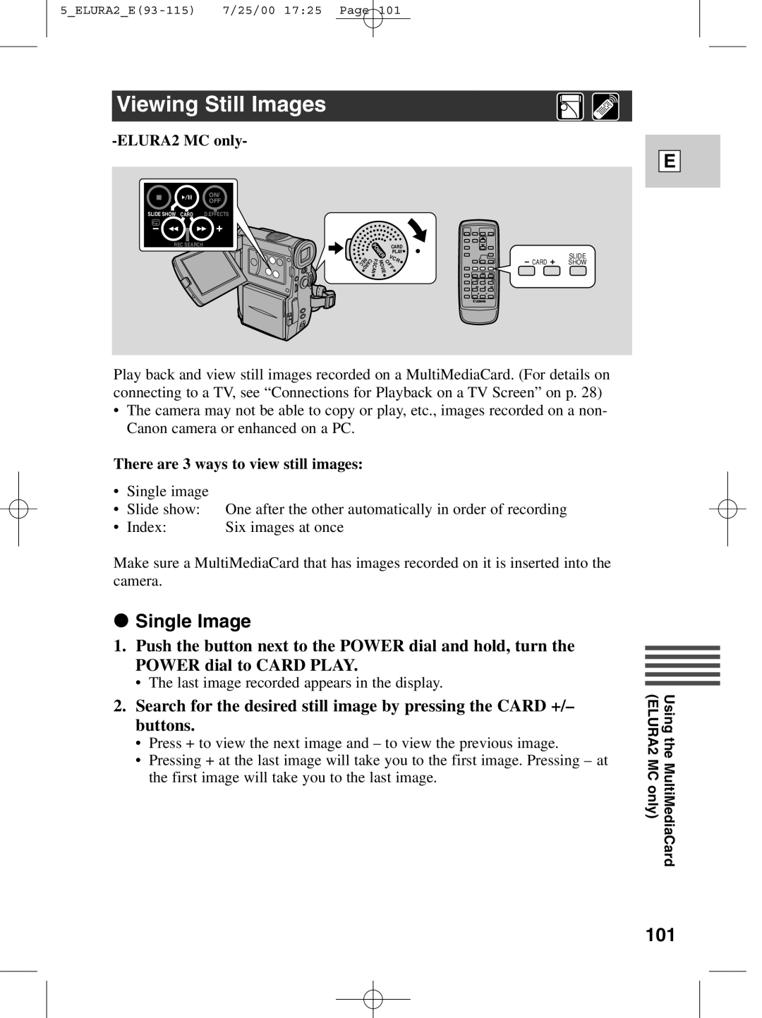 Canon 2 MC instruction manual Viewing Still Images, Single Image, 101, There are 3 ways to view still images 