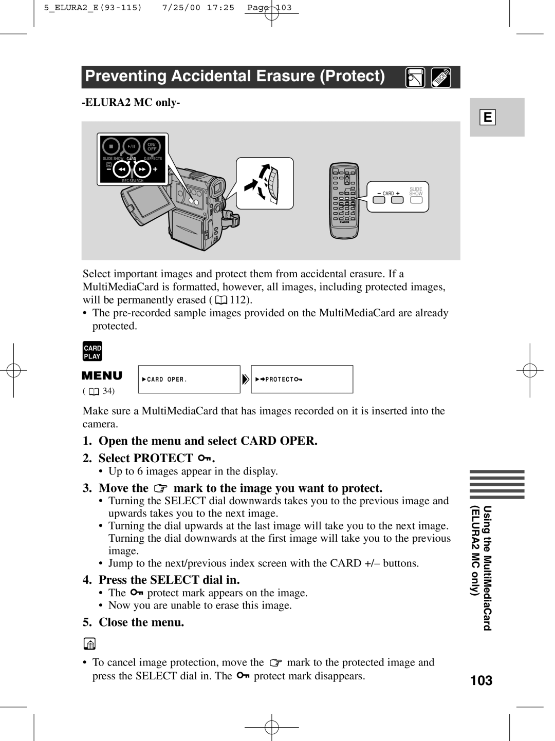 Canon 2 MC instruction manual Preventing Accidental Erasure Protect, 103, Open the menu and select Card Oper Select Protect 