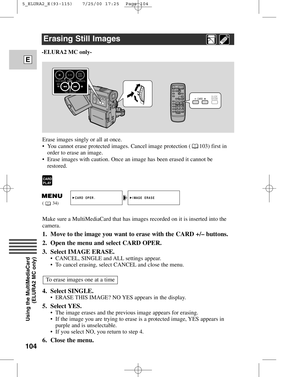 Canon 2 MC instruction manual Erasing Still Images, 104, Select Single, Select YES 