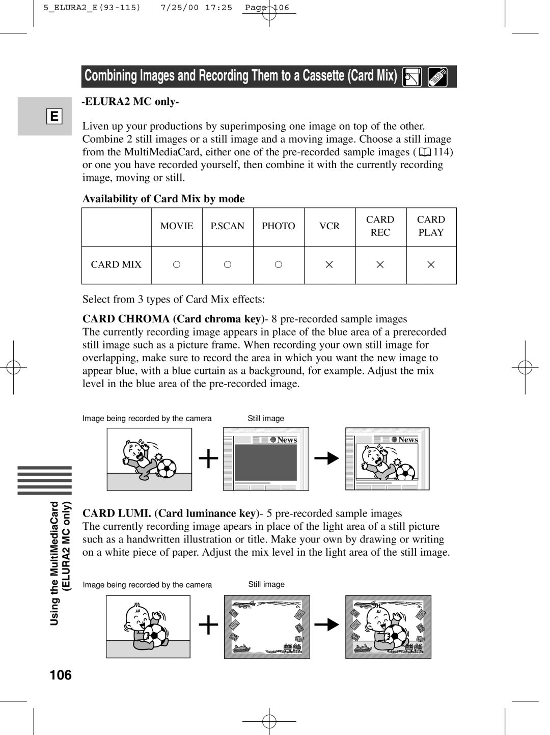 Canon 2 MC 106, Availability of Card Mix by mode, Card LUMI. Card luminance key- 5 pre-recorded sample images 