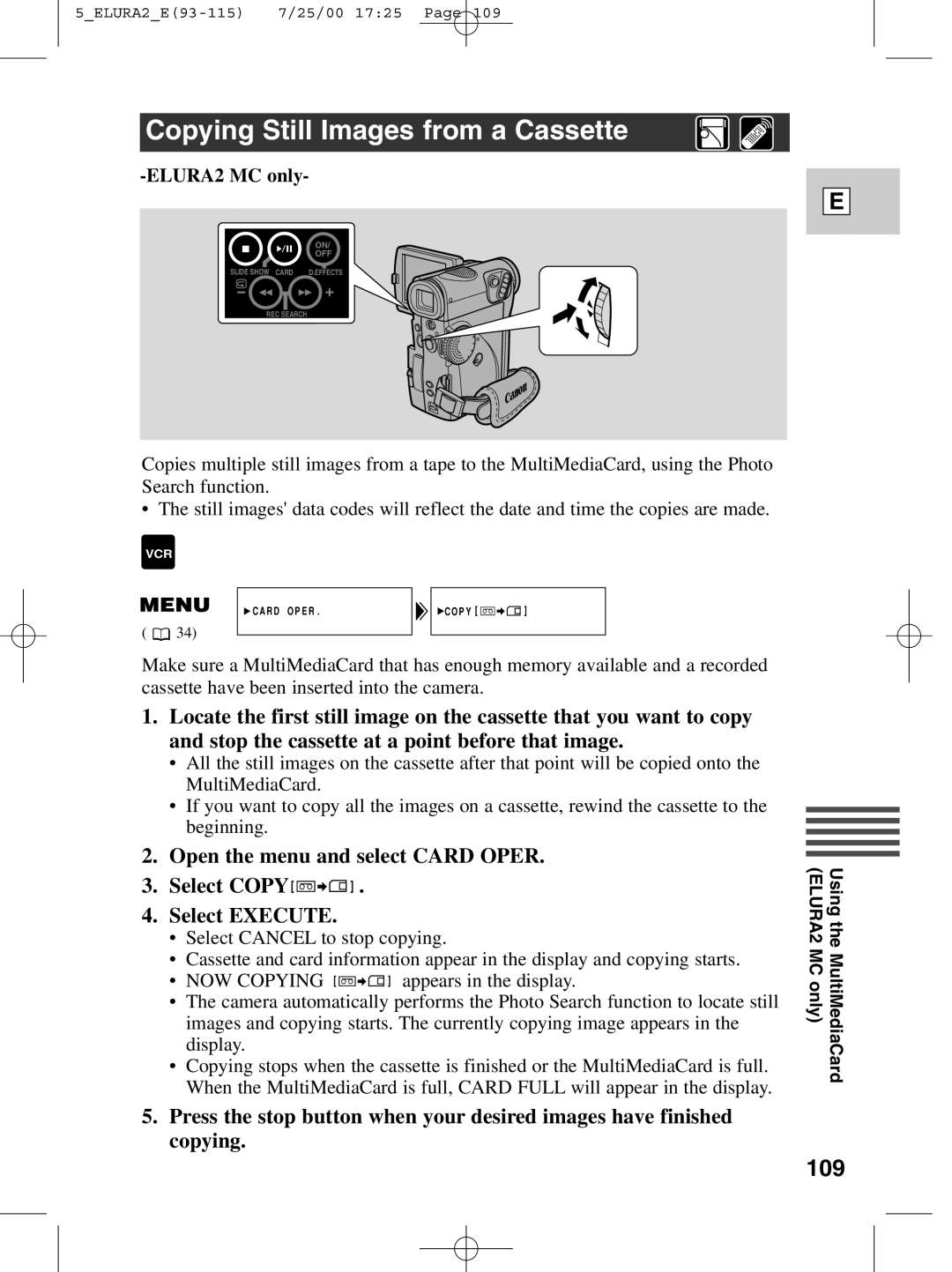 Canon 2 MC instruction manual Copying Still Images from a Cassette, 109 