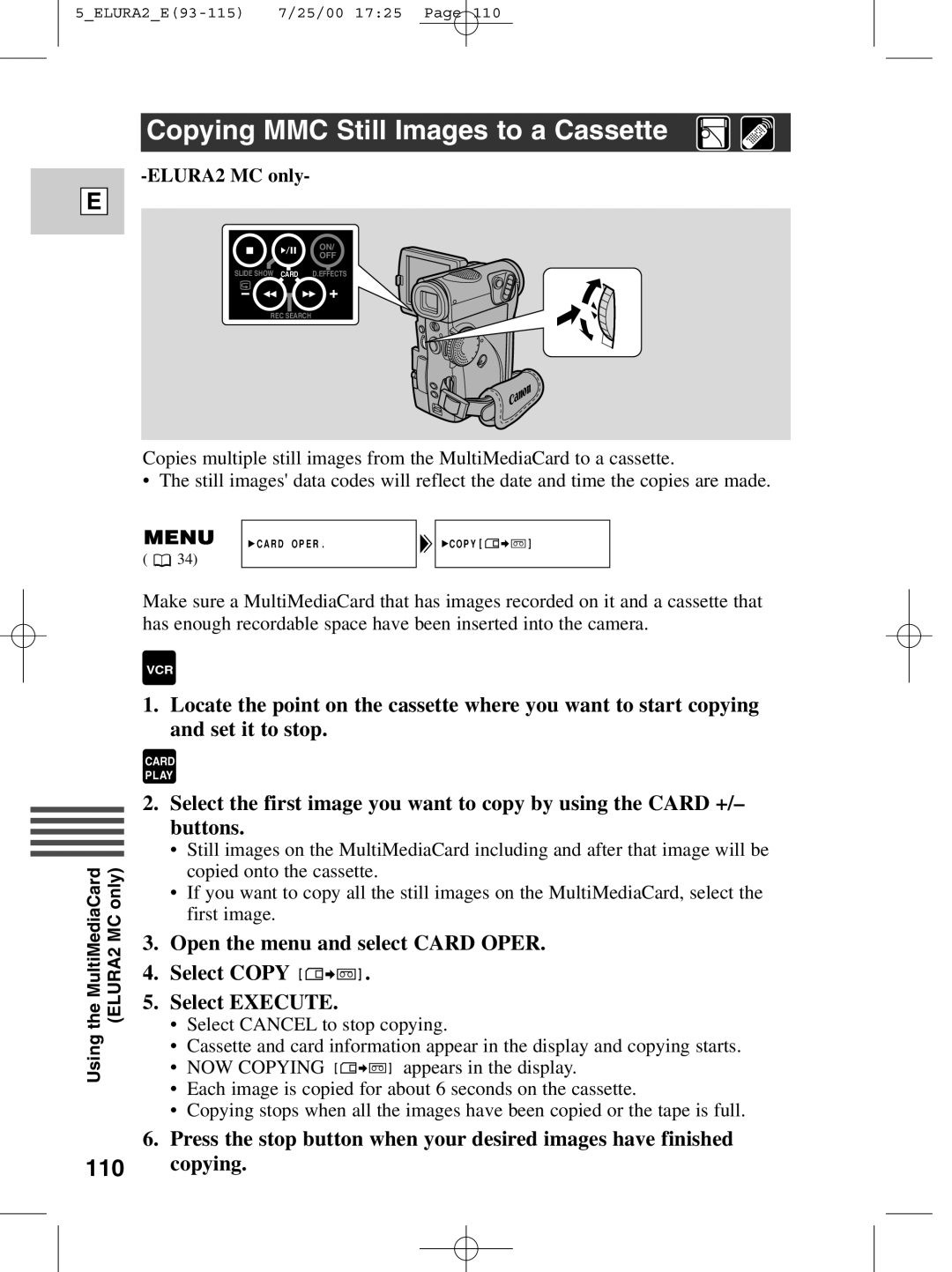 Canon 2 MC instruction manual Copying MMC Still Images to a Cassette 