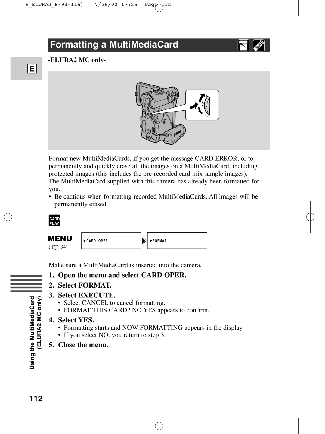 Canon 2 MC instruction manual Formatting a MultiMediaCard, 112 