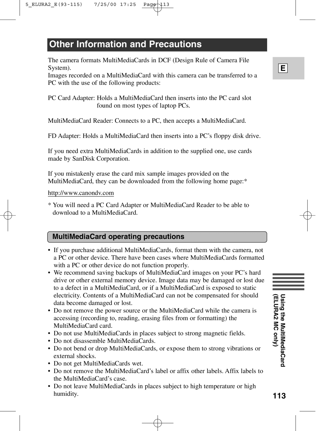 Canon 2 MC instruction manual Other Information and Precautions, 113, MultiMediaCard operating precautions 