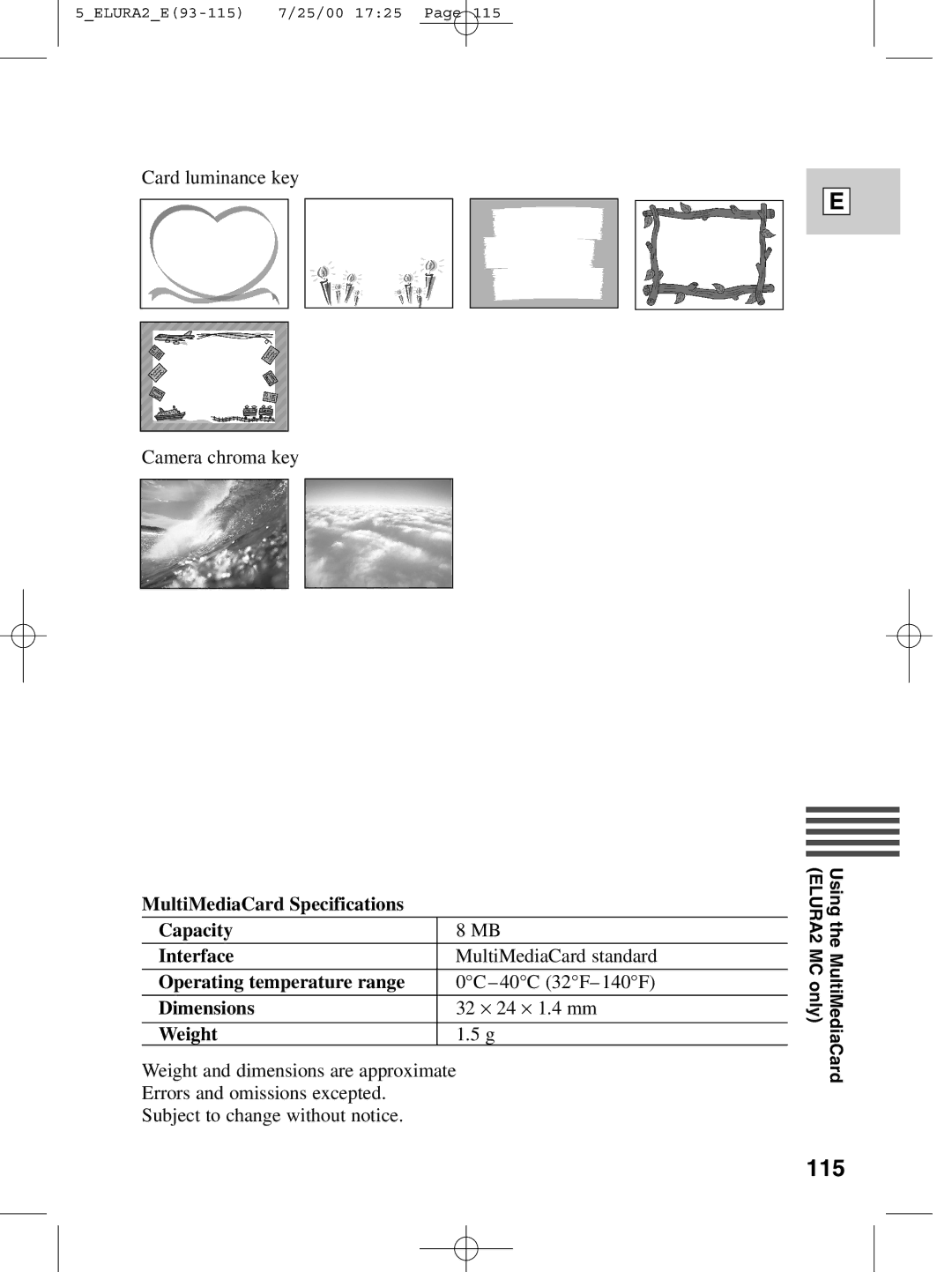 Canon 2 MC instruction manual 115, MultiMediaCard Specifications Capacity Interface 