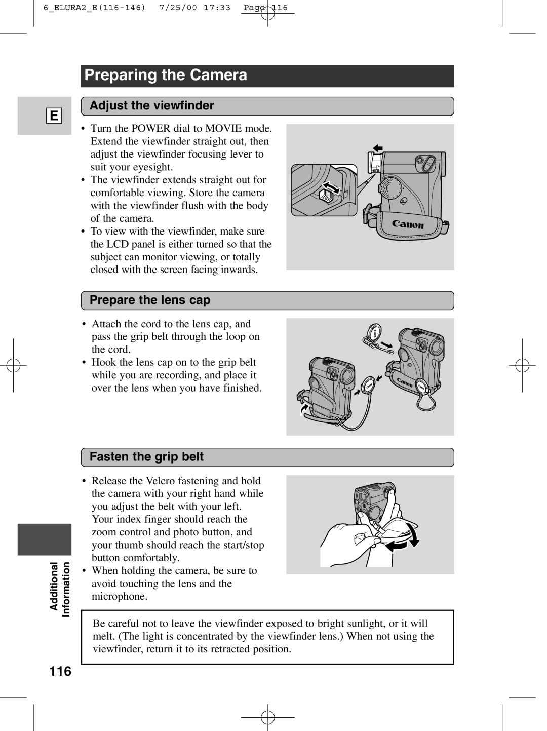 Canon 2 MC instruction manual Preparing the Camera, 116, Adjust the viewfinder, Prepare the lens cap, Fasten the grip belt 