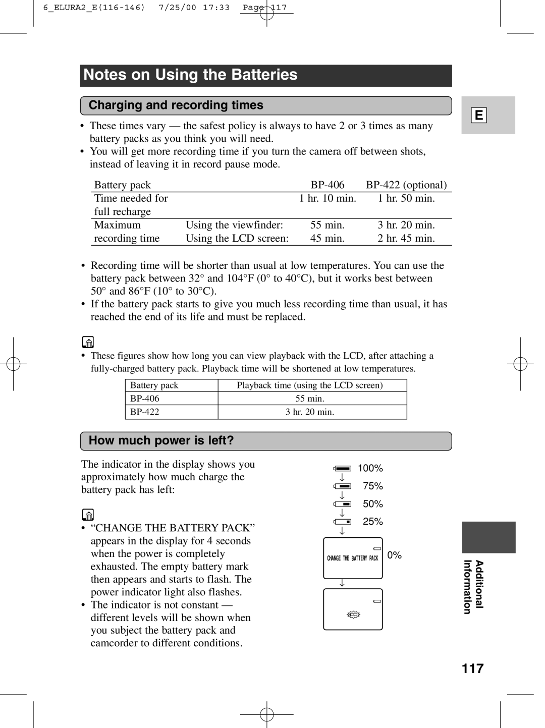 Canon 2 MC instruction manual 117, Charging and recording times, How much power is left? 