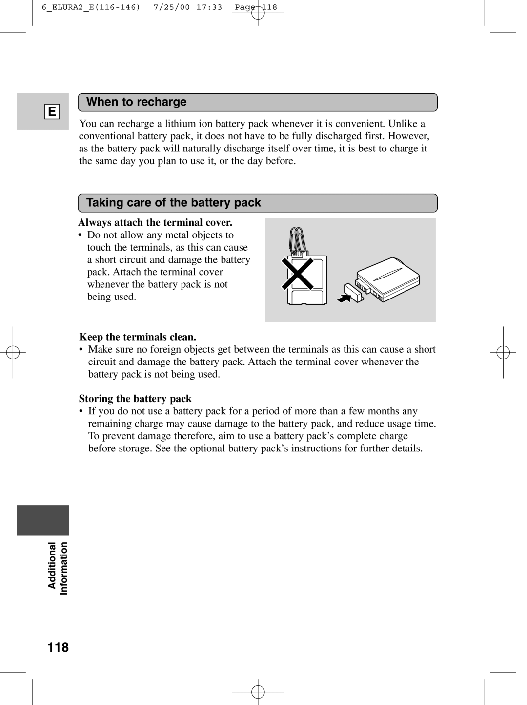 Canon 2 MC instruction manual 118, When to recharge, Taking care of the battery pack 