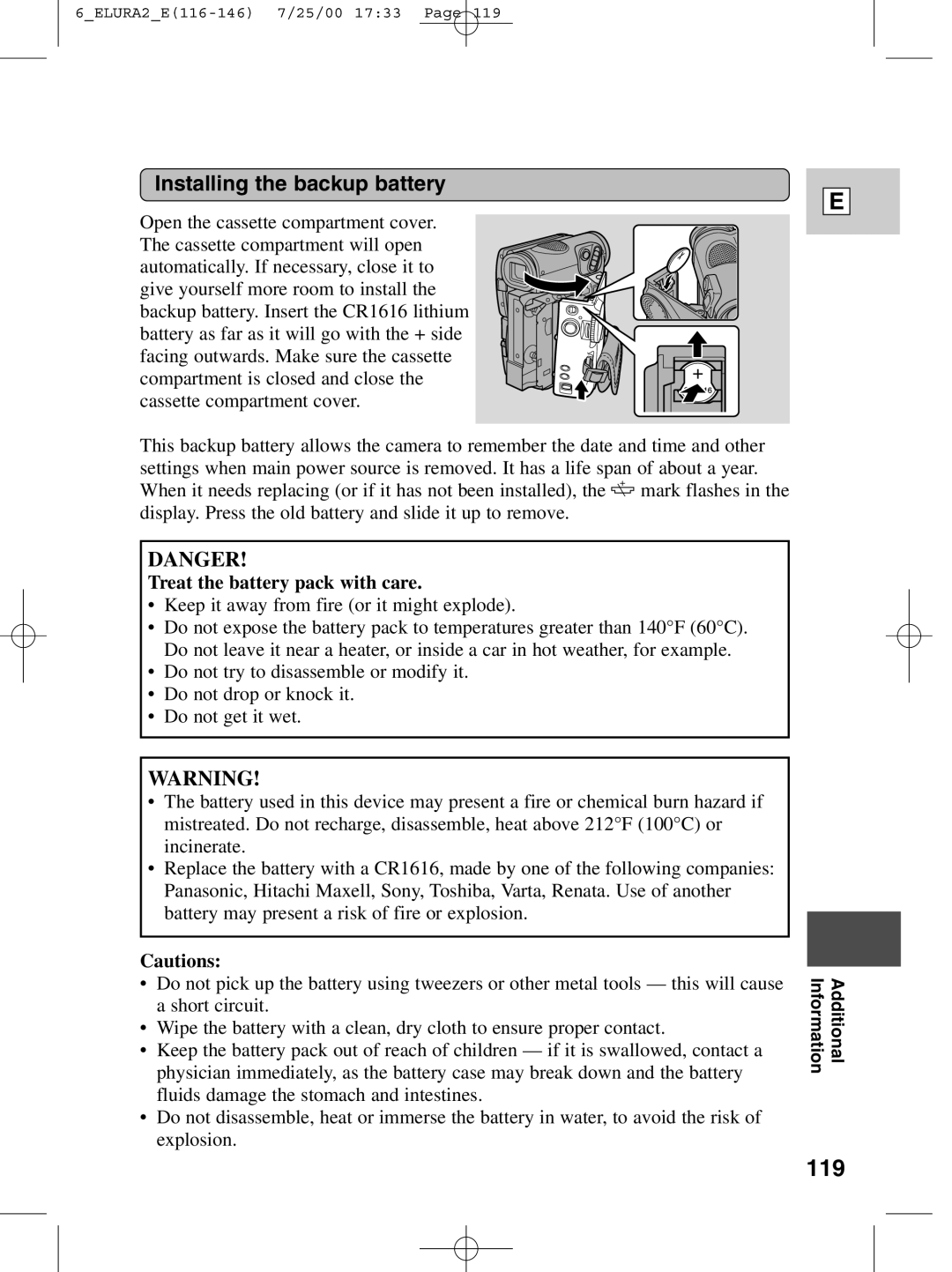 Canon 2 MC instruction manual 119, Installing the backup battery, Treat the battery pack with care 