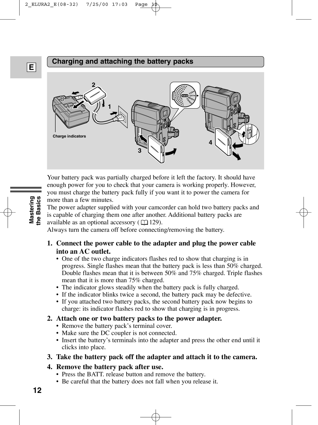 Canon 2 MC Charging and attaching the battery packs, Attach one or two battery packs to the power adapter 