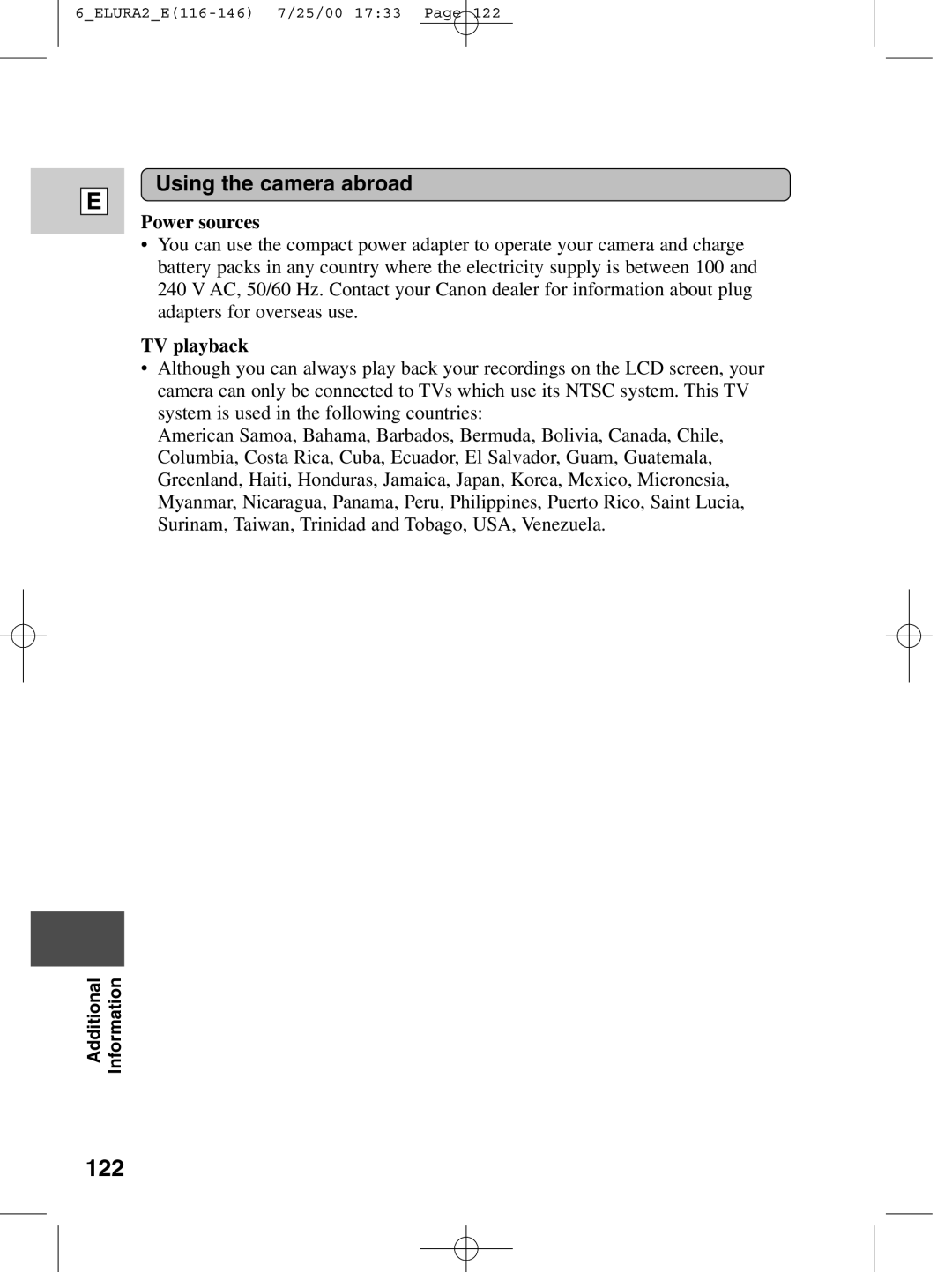 Canon 2 MC instruction manual 122, Using the camera abroad, Power sources, TV playback 