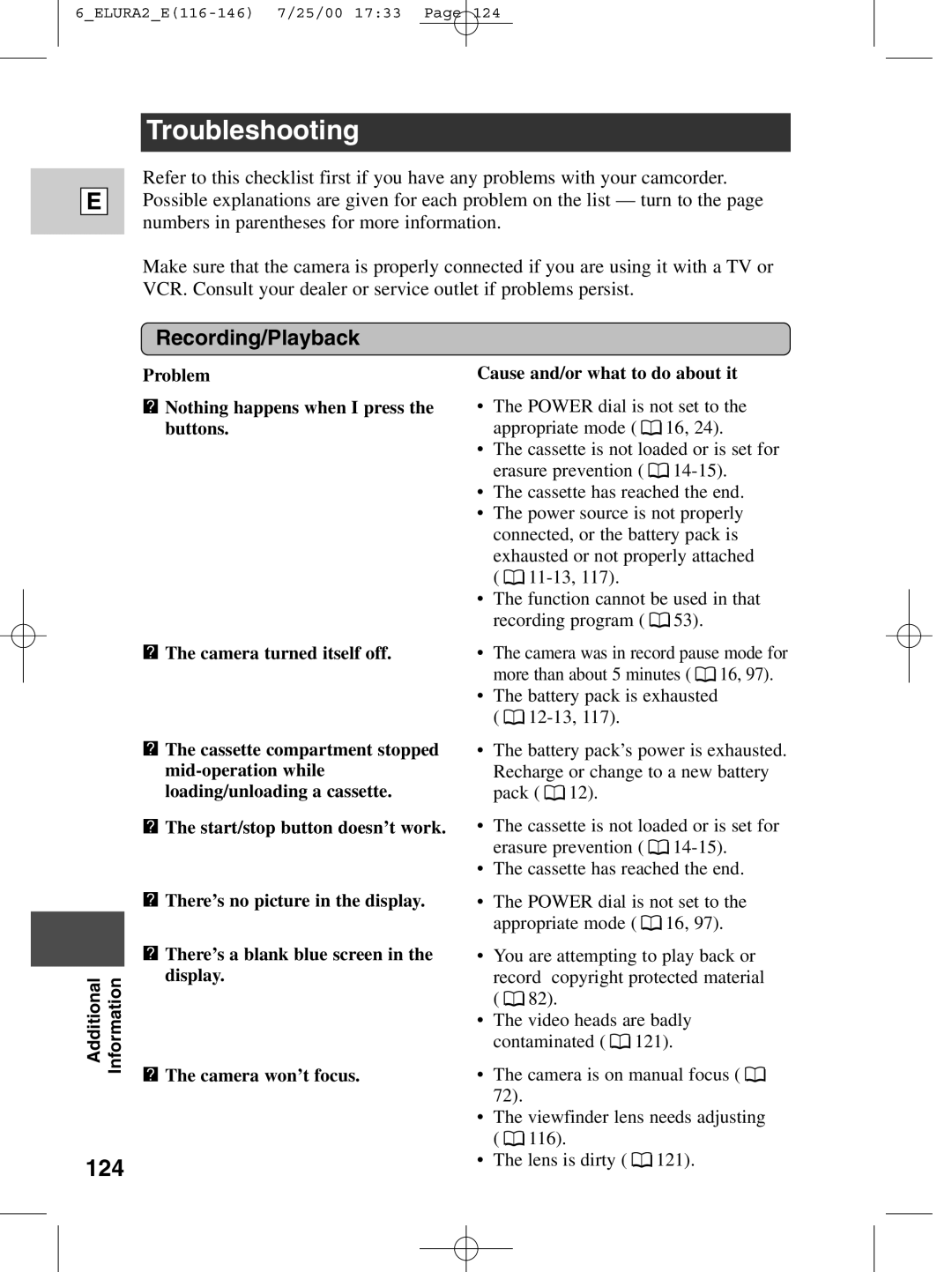 Canon 2 MC instruction manual Troubleshooting, 124, Recording/Playback 