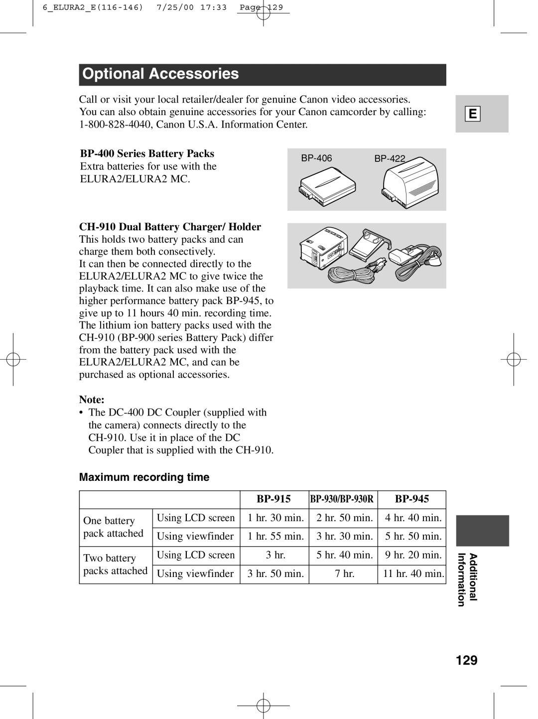 Canon 2 MC instruction manual Optional Accessories, 129, BP-400 Series Battery Packs, BP-915, BP-945 