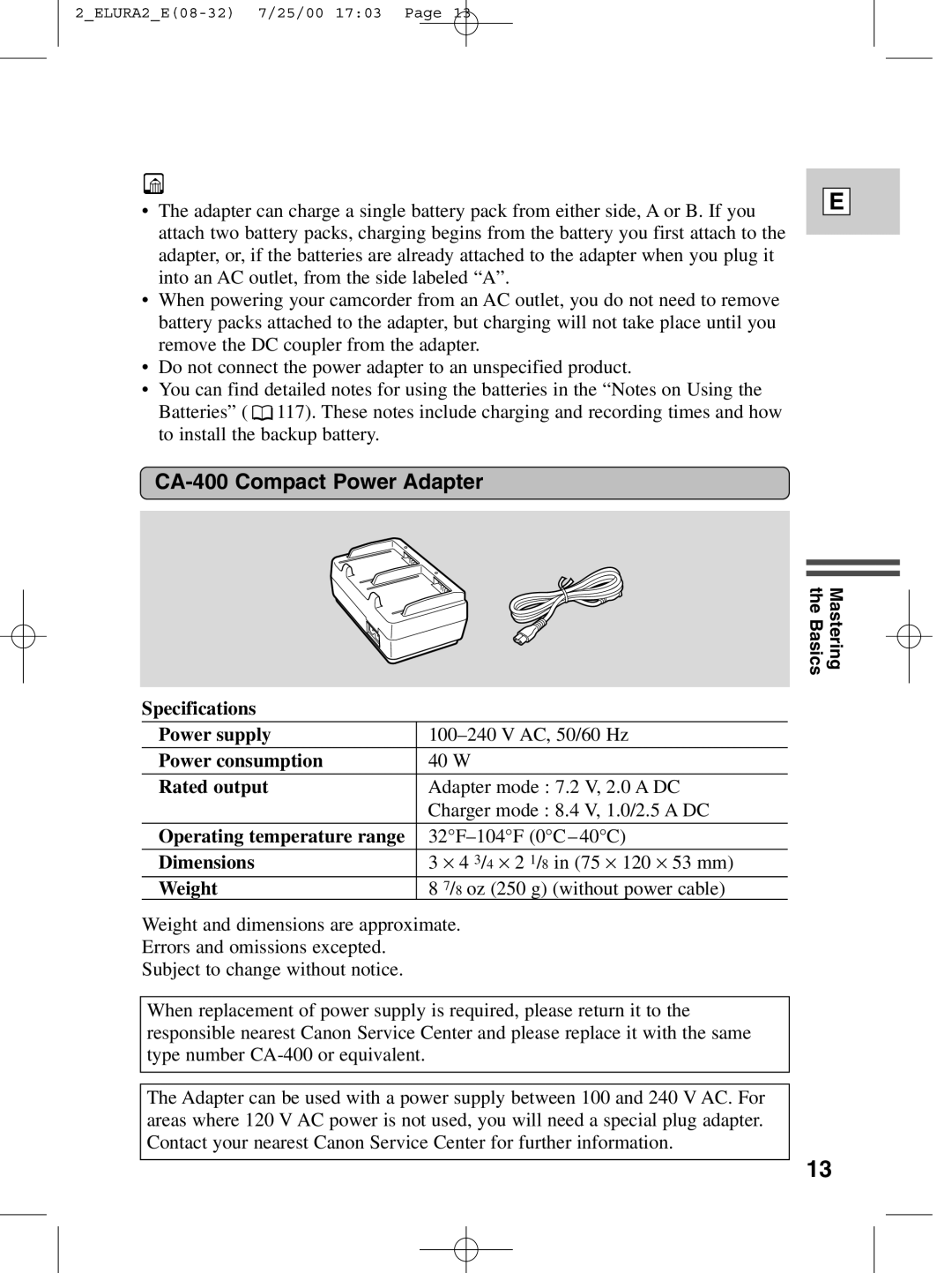 Canon 2 MC instruction manual CA-400 Compact Power Adapter 