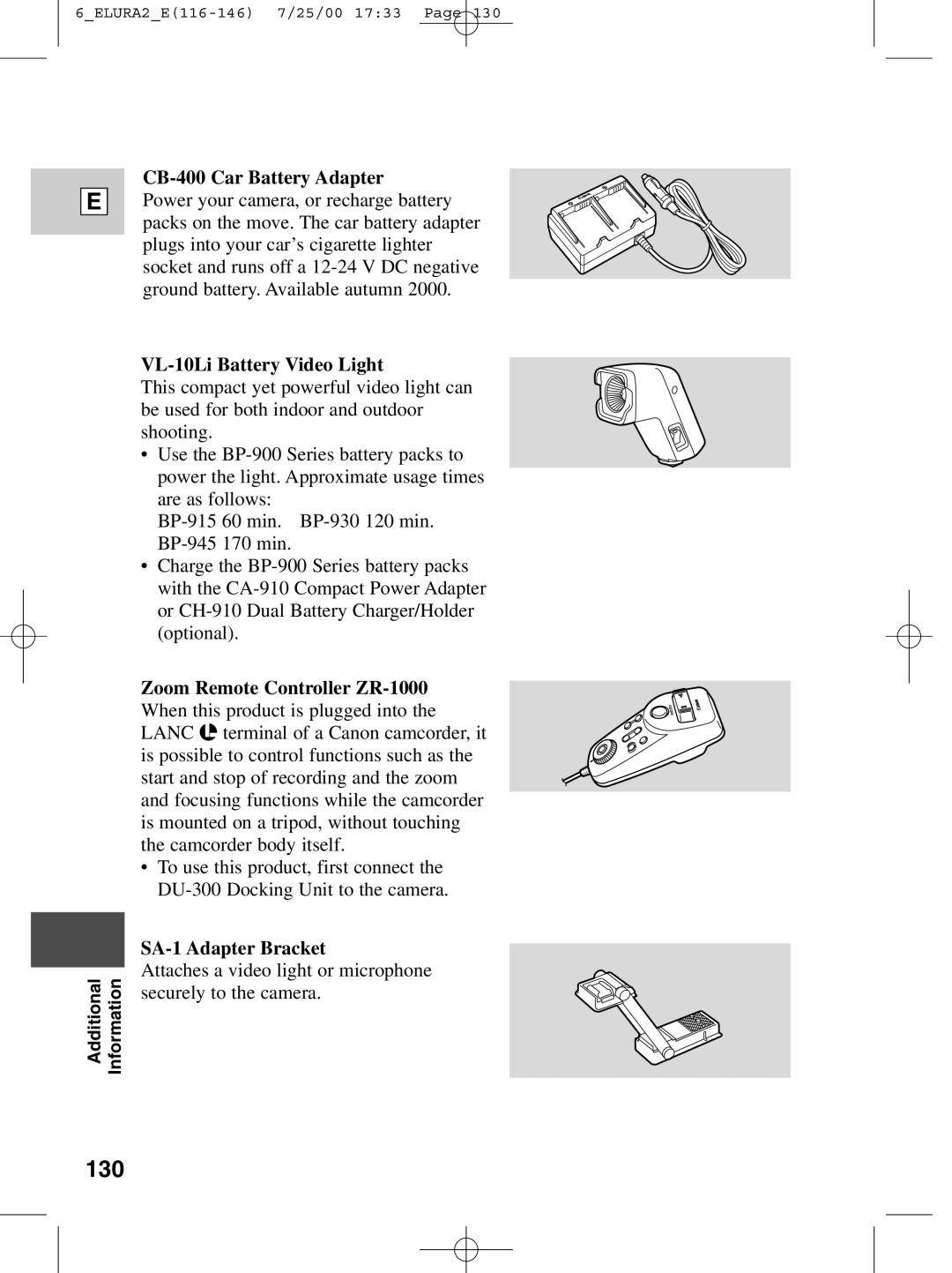 Canon 2 MC instruction manual 130, CB-400 Car Battery Adapter, VL-10Li Battery Video Light, SA-1 Adapter Bracket 