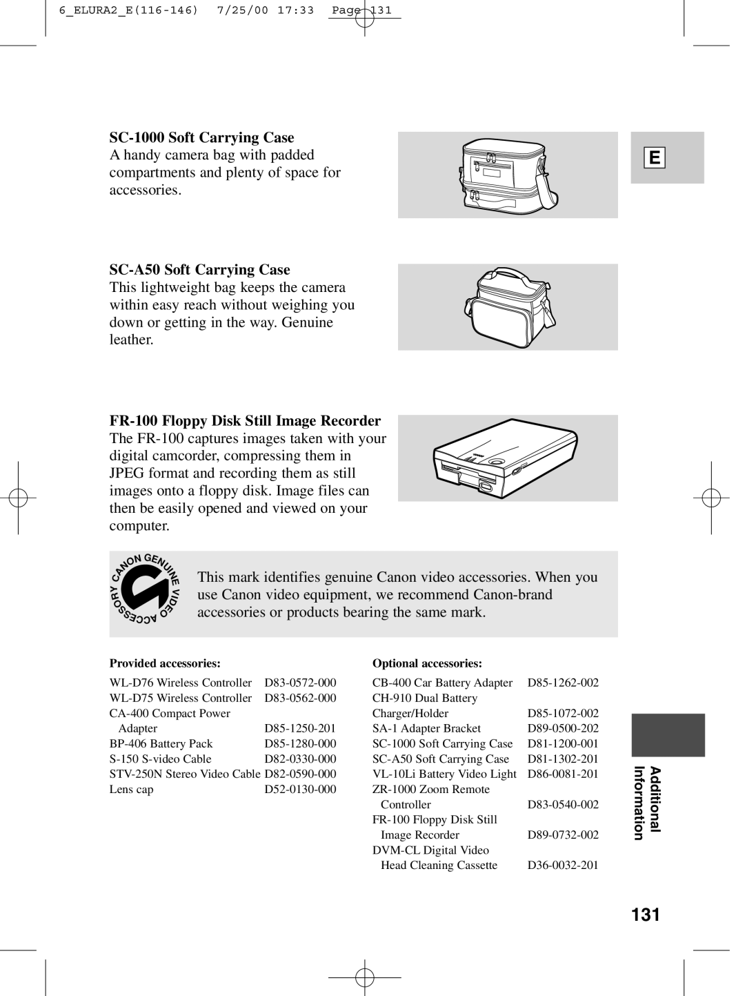 Canon 2 MC instruction manual 131, SC-1000 Soft Carrying Case, SC-A50 Soft Carrying Case 