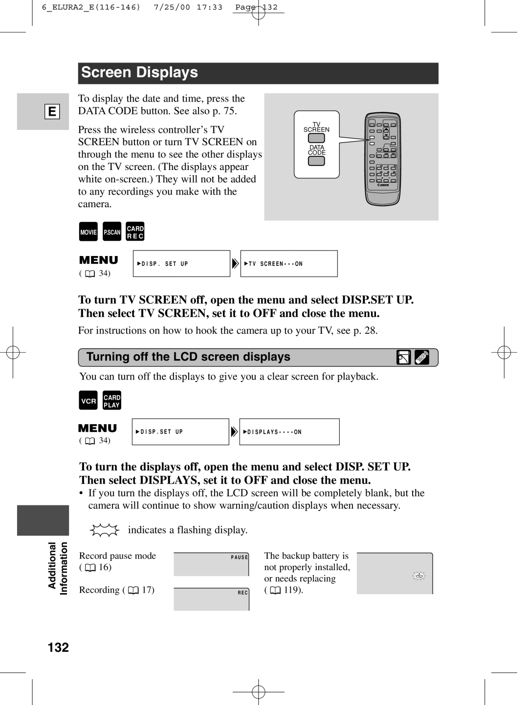 Canon 2 MC instruction manual Screen Displays, 132, Turning off the LCD screen displays 