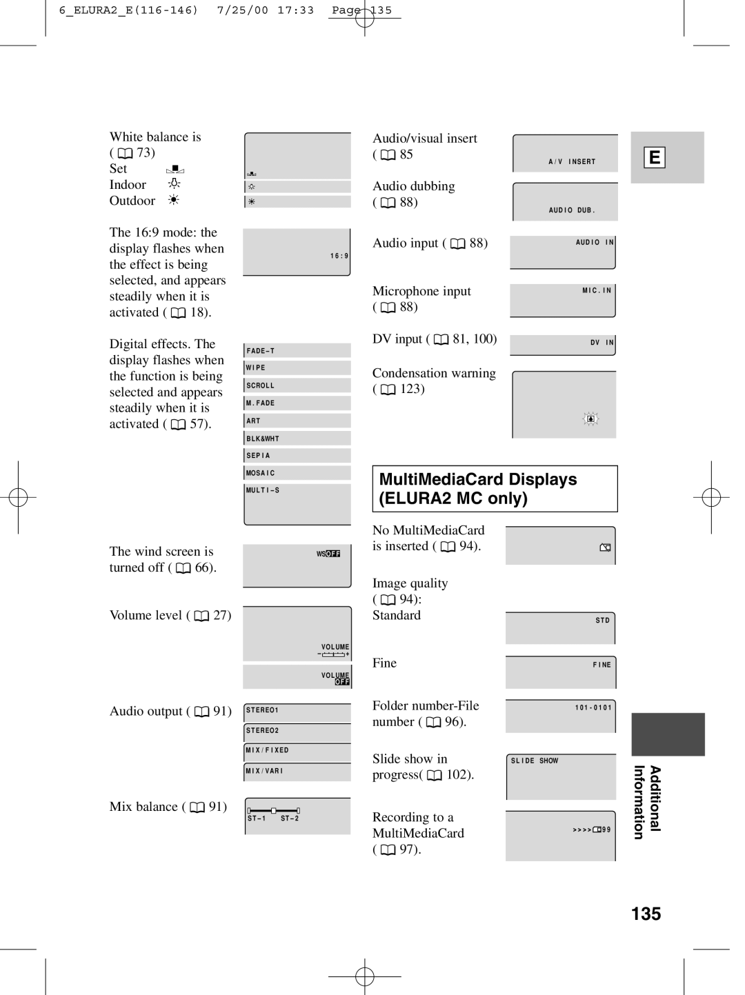 Canon instruction manual 135, MultiMediaCard Displays ELURA2 MC only 