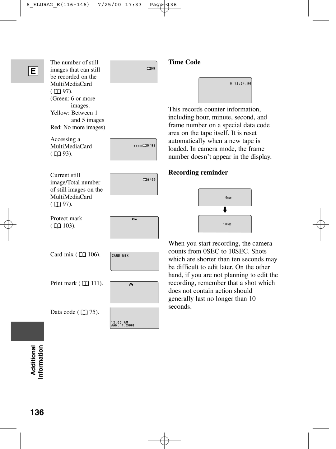 Canon 2 MC instruction manual 136, Time Code, Recording reminder 