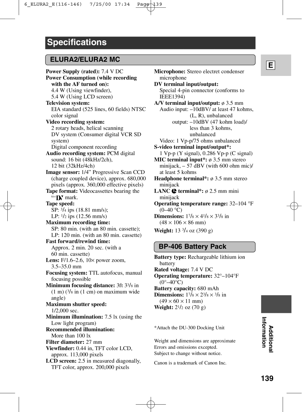 Canon 2 MC instruction manual Specifications, 139, BP-406 Battery Pack 