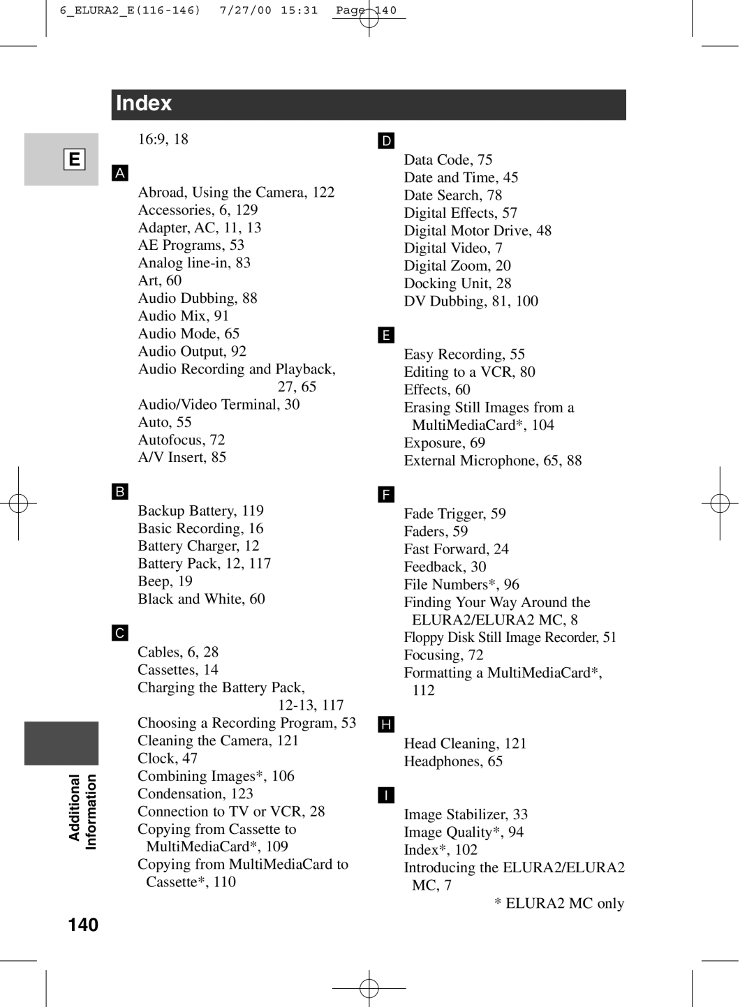 Canon 2 MC instruction manual Index, 140 