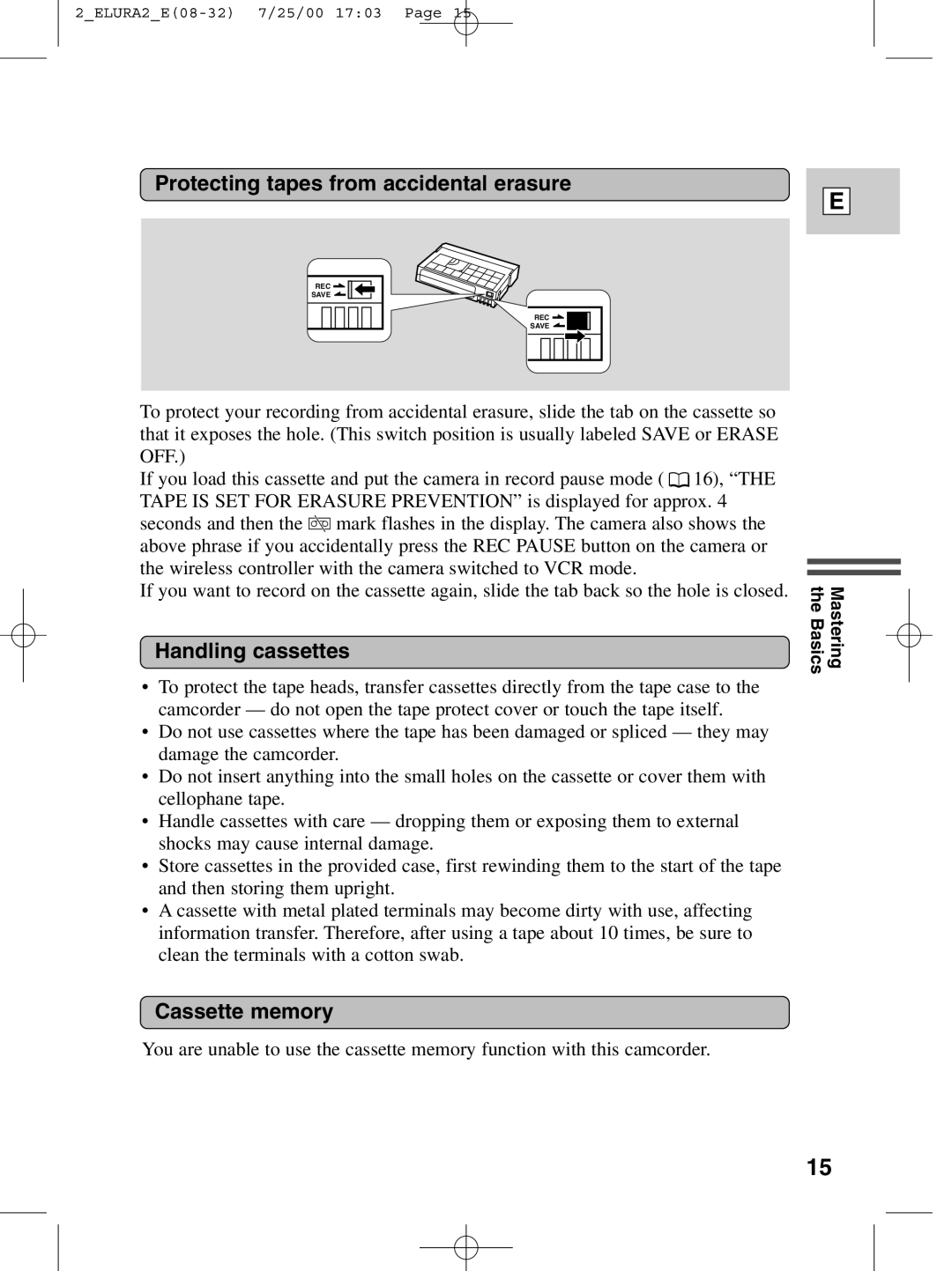 Canon 2 MC instruction manual Protecting tapes from accidental erasure, Handling cassettes, Cassette memory 