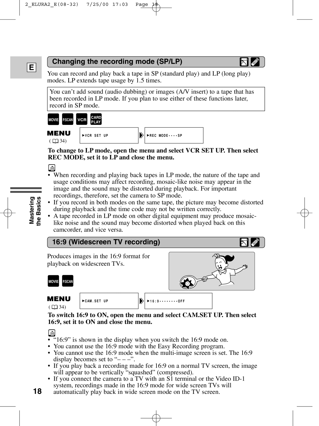 Canon 2 MC instruction manual Changing the recording mode SP/LP, Widescreen TV recording 